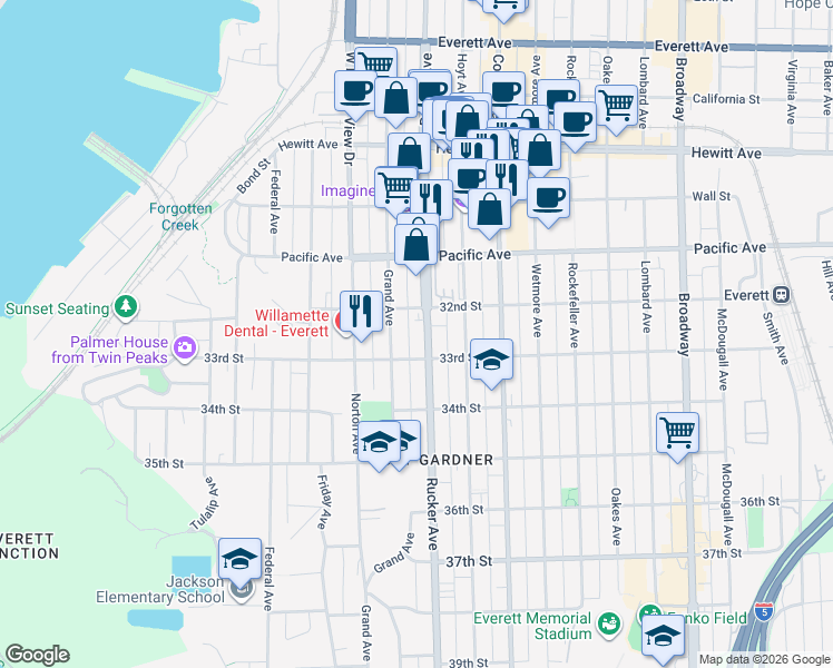 map of restaurants, bars, coffee shops, grocery stores, and more near 3215 Rucker Avenue in Everett