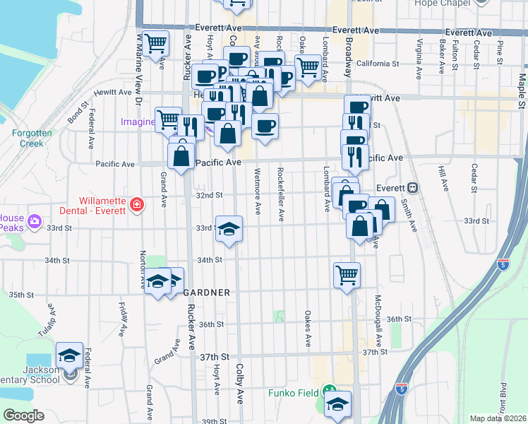 map of restaurants, bars, coffee shops, grocery stores, and more near 3219 Wetmore Avenue in Everett