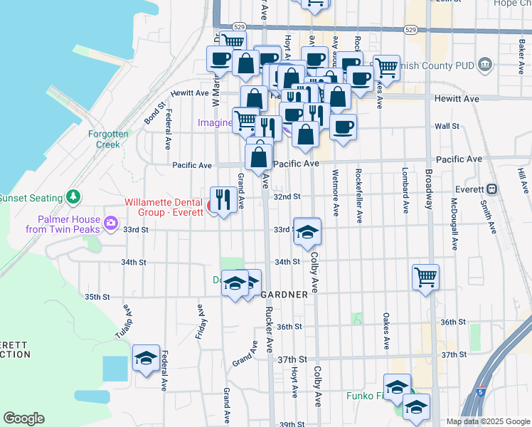 map of restaurants, bars, coffee shops, grocery stores, and more near 3215 Rucker Avenue in Everett