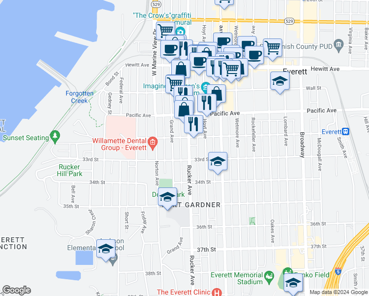 map of restaurants, bars, coffee shops, grocery stores, and more near 3218 Rucker Avenue in Everett