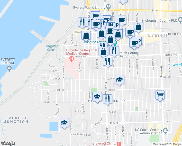 map of restaurants, bars, coffee shops, grocery stores, and more near 3215 Norton Avenue in Everett