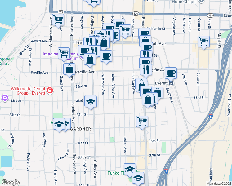 map of restaurants, bars, coffee shops, grocery stores, and more near 3217 Rockefeller Avenue in Everett