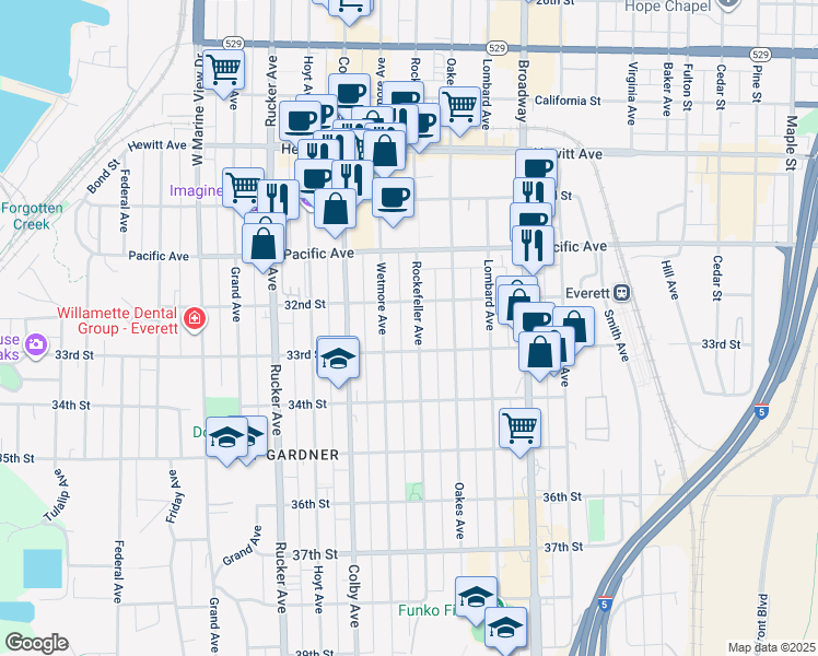 map of restaurants, bars, coffee shops, grocery stores, and more near 3218 Rockefeller Avenue in Everett