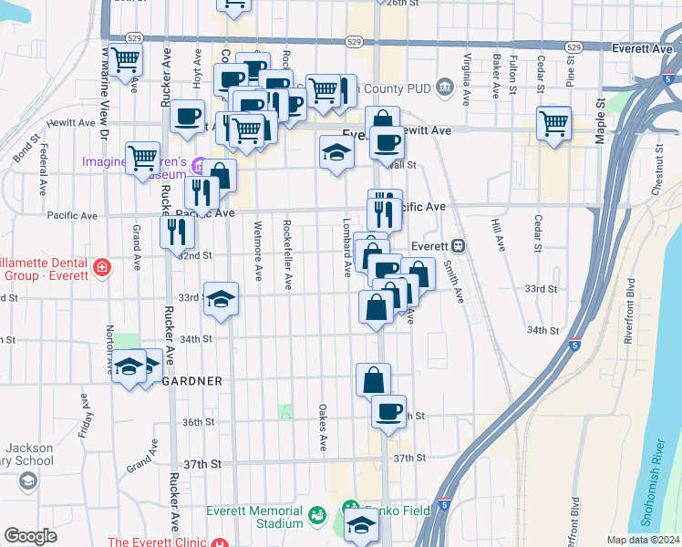 map of restaurants, bars, coffee shops, grocery stores, and more near in Everett