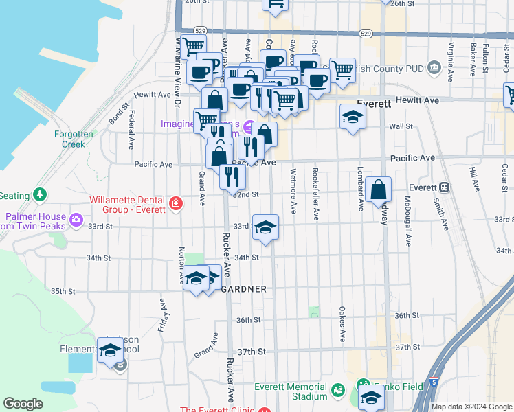 map of restaurants, bars, coffee shops, grocery stores, and more near 3217 Hoyt Avenue in Everett