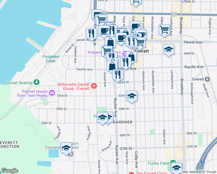 map of restaurants, bars, coffee shops, grocery stores, and more near 3217 Grand Avenue in Everett