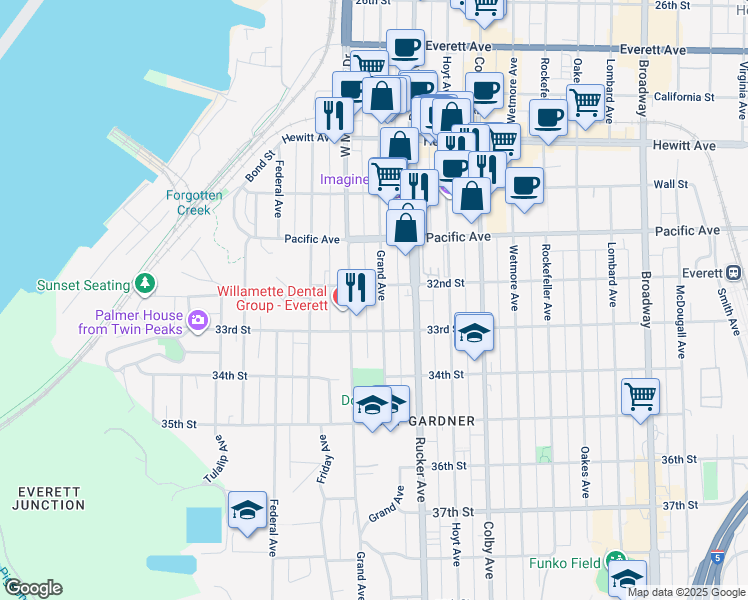 map of restaurants, bars, coffee shops, grocery stores, and more near 3217 Grand Avenue in Everett