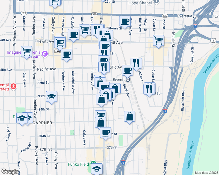 map of restaurants, bars, coffee shops, grocery stores, and more near 3224 McDougall Avenue in Everett