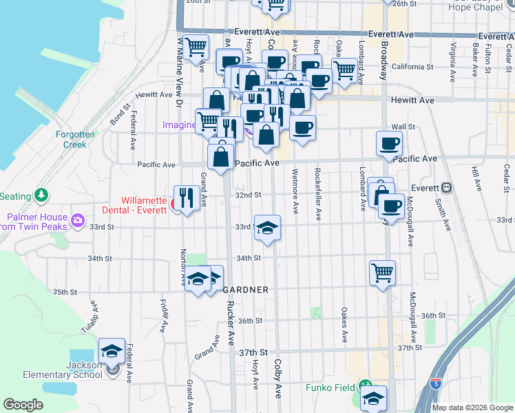 map of restaurants, bars, coffee shops, grocery stores, and more near 3209 Hoyt Avenue in Everett