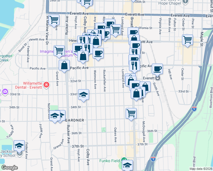 map of restaurants, bars, coffee shops, grocery stores, and more near 3211 Rockefeller Avenue in Everett
