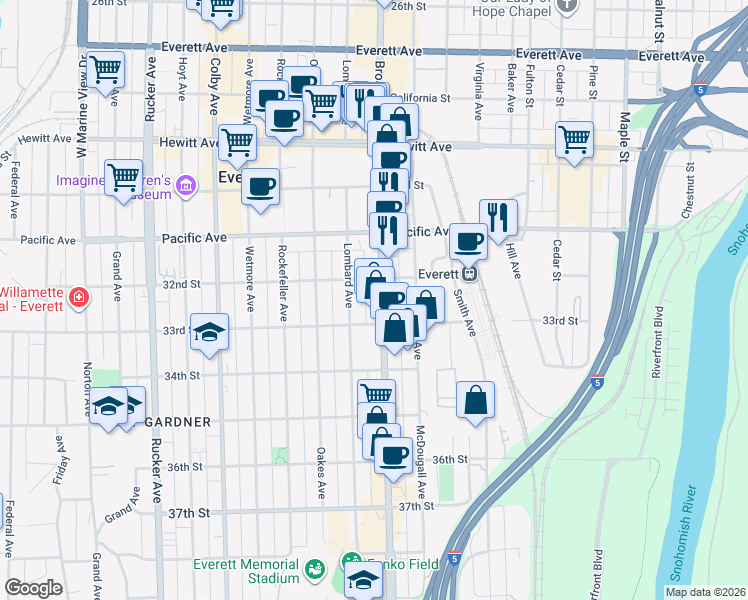 map of restaurants, bars, coffee shops, grocery stores, and more near 3214 Broadway in Everett