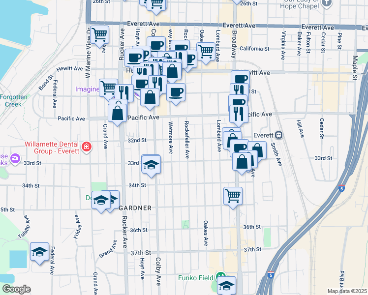map of restaurants, bars, coffee shops, grocery stores, and more near 3214 Rockefeller Avenue in Everett