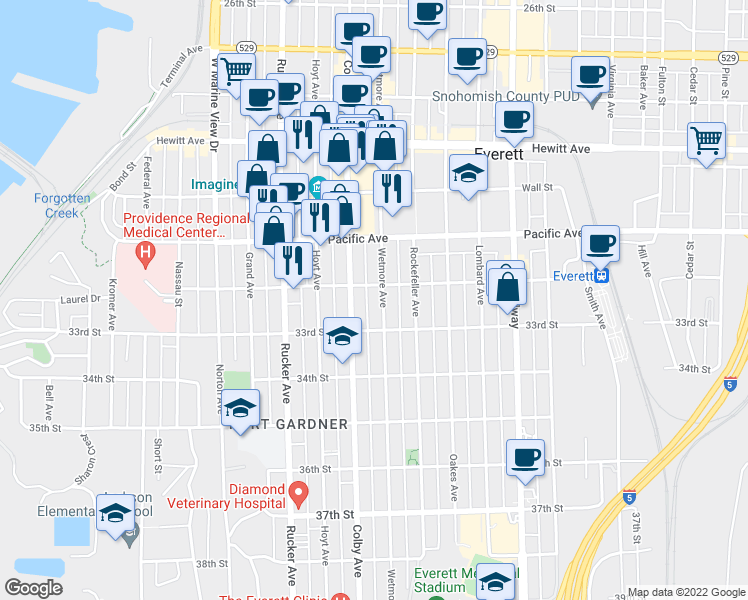 map of restaurants, bars, coffee shops, grocery stores, and more near 3212 Wetmore Avenue in Everett