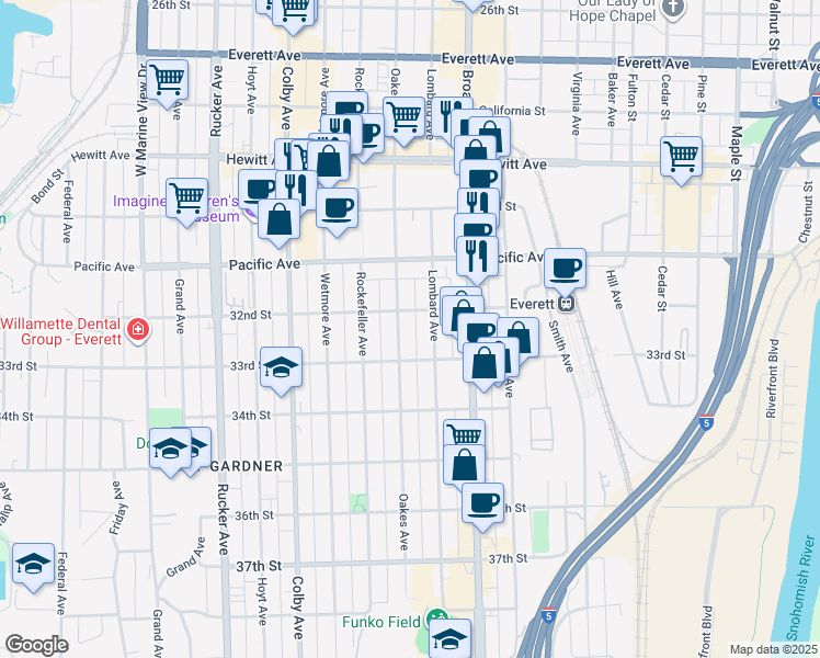 map of restaurants, bars, coffee shops, grocery stores, and more near in Everett