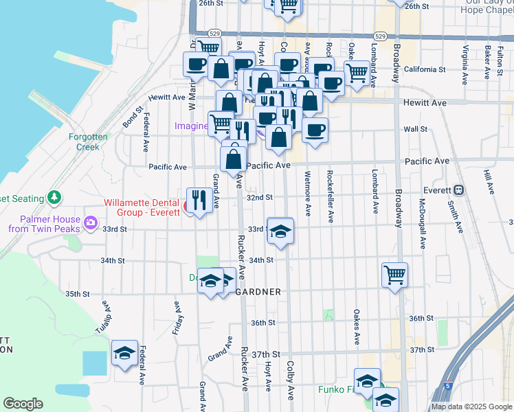 map of restaurants, bars, coffee shops, grocery stores, and more near 3215 Rucker Avenue in Everett