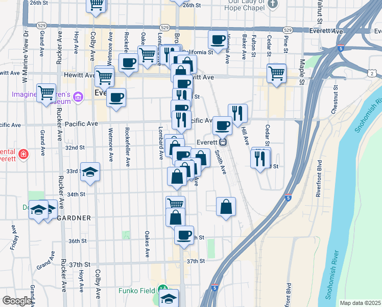 map of restaurants, bars, coffee shops, grocery stores, and more near 3224 McDougall Avenue in Everett