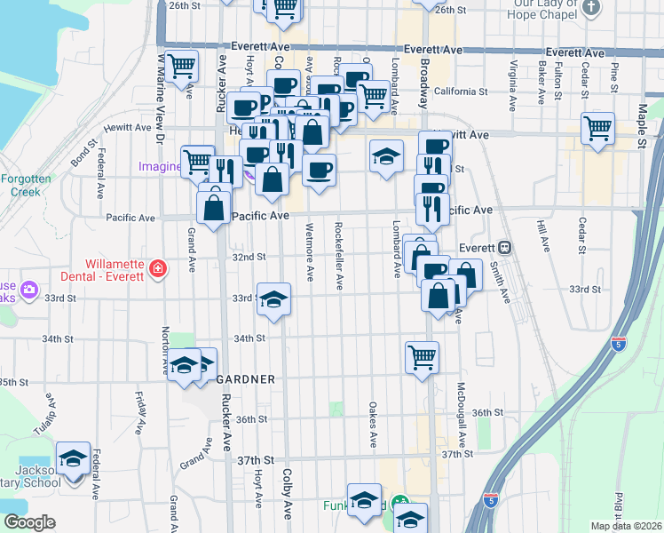 map of restaurants, bars, coffee shops, grocery stores, and more near 3208 Rockefeller Avenue in Everett