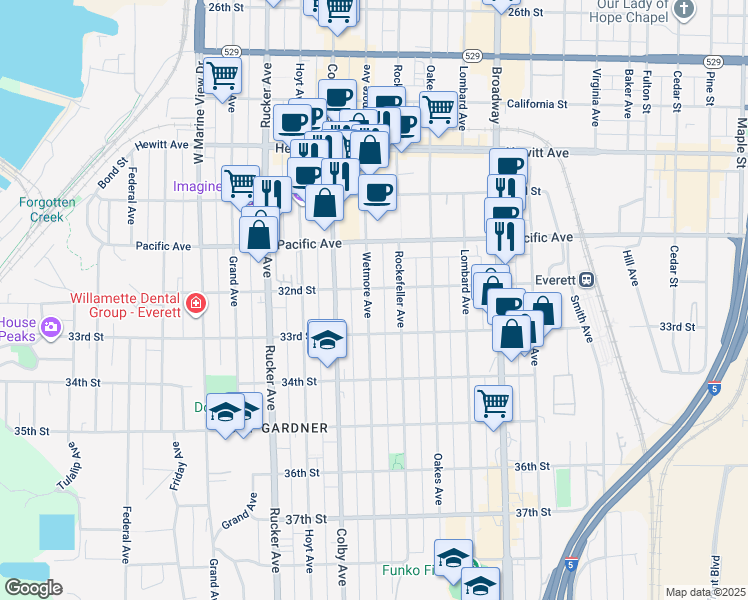 map of restaurants, bars, coffee shops, grocery stores, and more near 3219 Wetmore Avenue in Everett