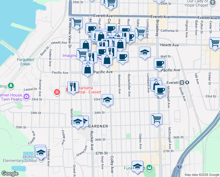 map of restaurants, bars, coffee shops, grocery stores, and more near 3219 Colby Avenue in Everett