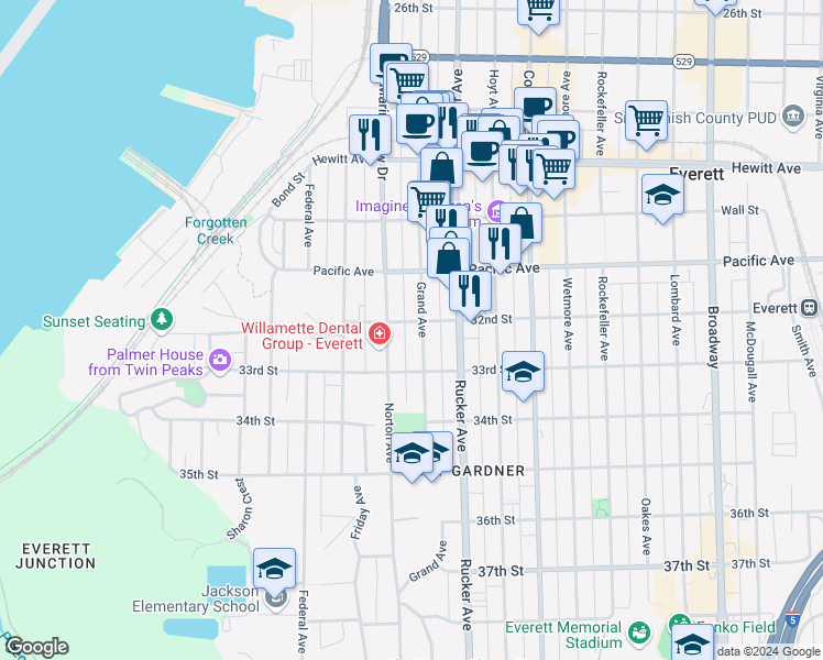 map of restaurants, bars, coffee shops, grocery stores, and more near 3217 Grand Avenue in Everett