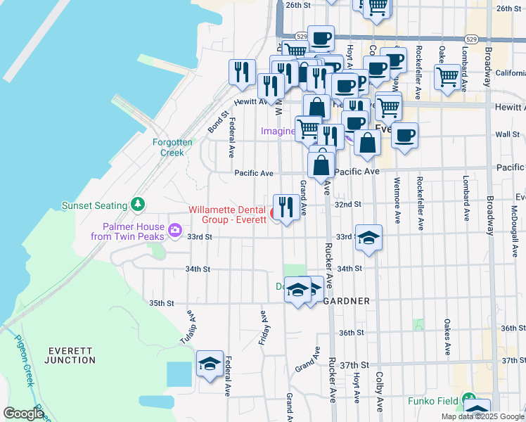 map of restaurants, bars, coffee shops, grocery stores, and more near 3213 Nassau Street in Everett