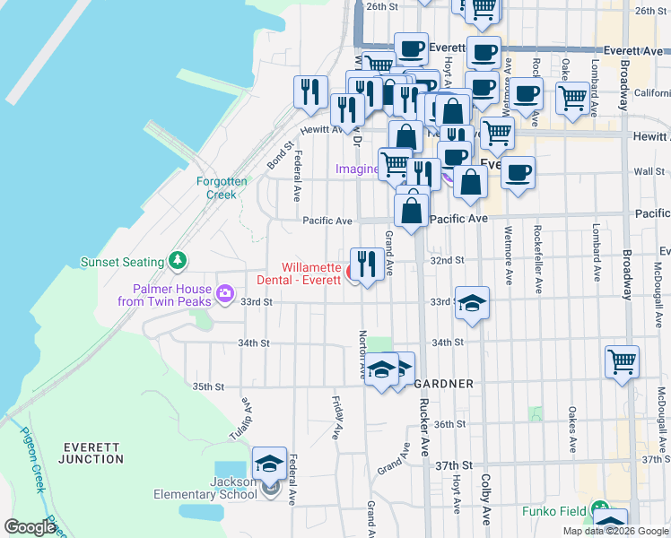 map of restaurants, bars, coffee shops, grocery stores, and more near 3213 Nassau Street in Everett