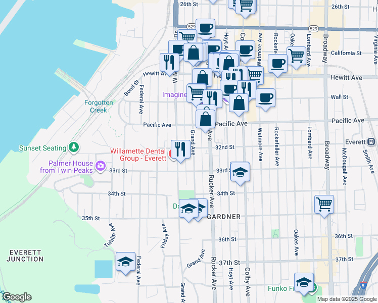 map of restaurants, bars, coffee shops, grocery stores, and more near 3202 Grand Avenue in Everett