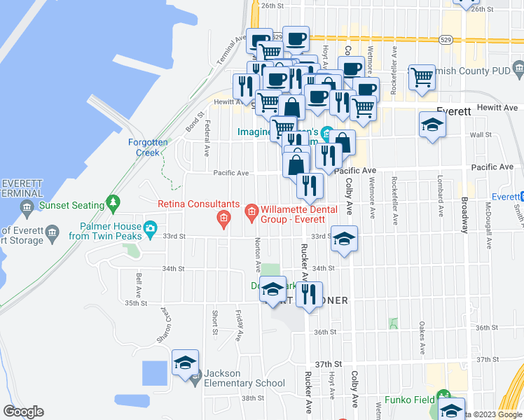 map of restaurants, bars, coffee shops, grocery stores, and more near 3201 Norton Avenue in Everett