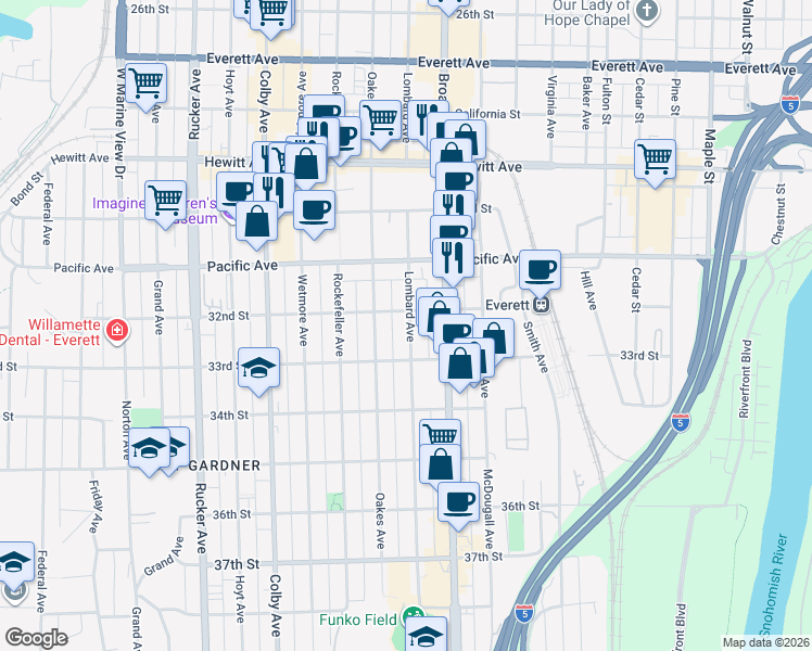 map of restaurants, bars, coffee shops, grocery stores, and more near 3208 Lombard Avenue in Everett