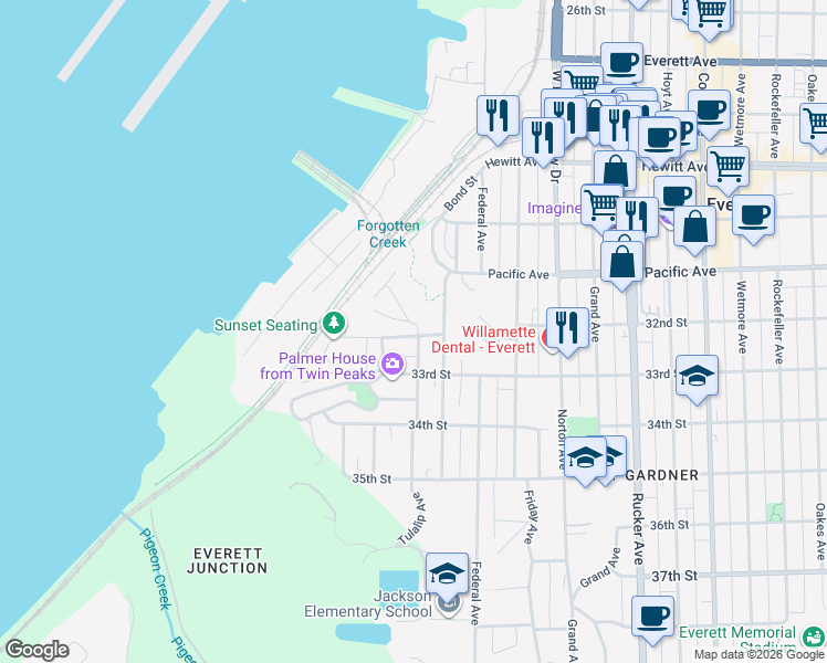 map of restaurants, bars, coffee shops, grocery stores, and more near 725 Laurel Drive in Everett