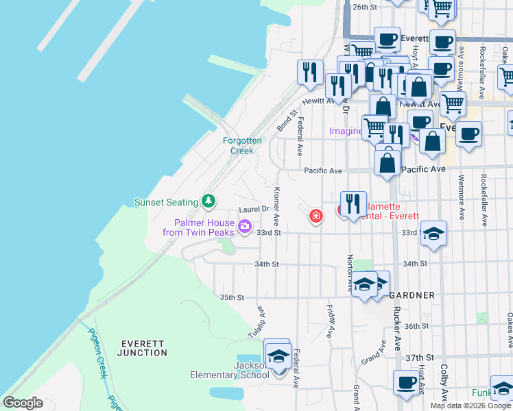map of restaurants, bars, coffee shops, grocery stores, and more near 728 Laurel Drive in Everett