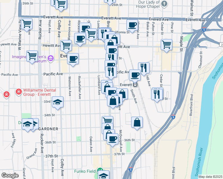 map of restaurants, bars, coffee shops, grocery stores, and more near 3224 McDougall Avenue in Everett