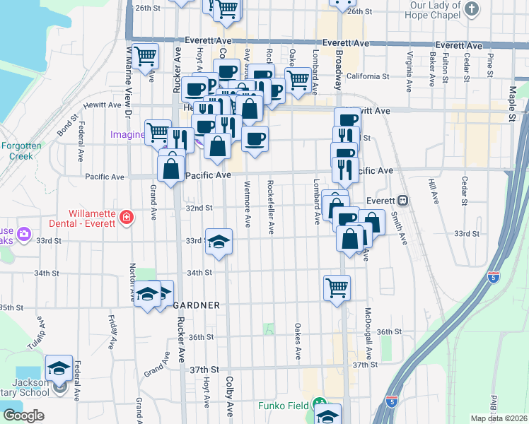 map of restaurants, bars, coffee shops, grocery stores, and more near 3219 Wetmore Avenue in Everett