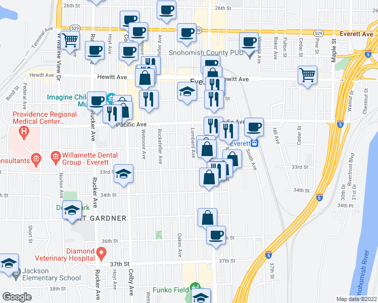 map of restaurants, bars, coffee shops, grocery stores, and more near 3206 Lombard Avenue in Everett
