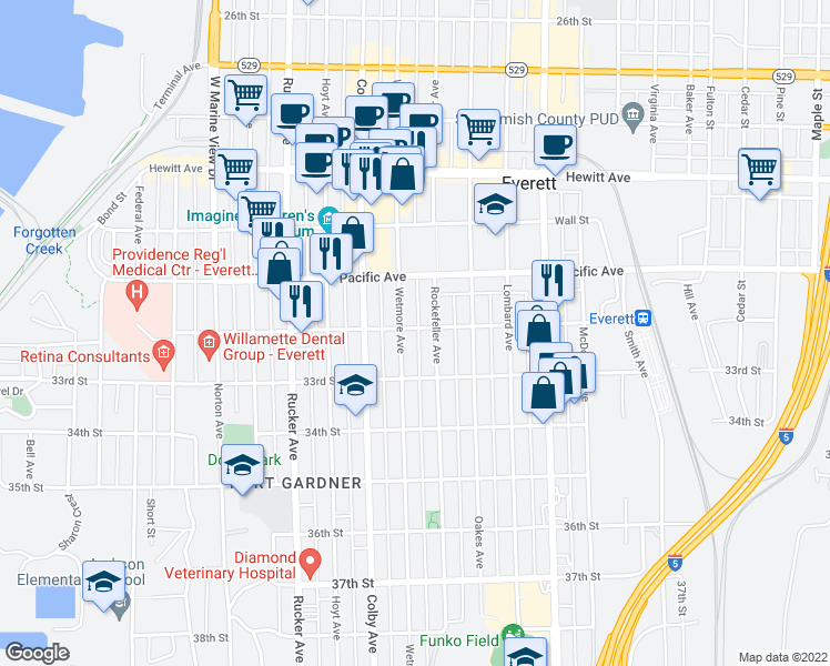 map of restaurants, bars, coffee shops, grocery stores, and more near 3219 Wetmore Avenue in Everett