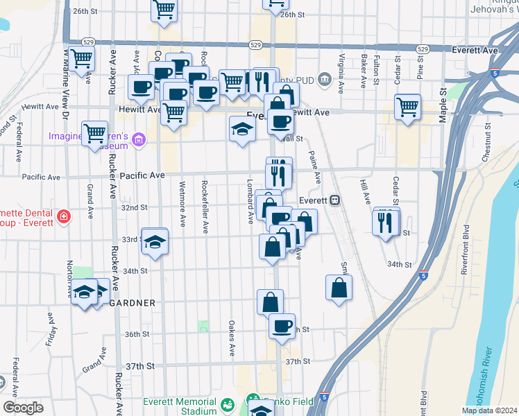 map of restaurants, bars, coffee shops, grocery stores, and more near 2004 32nd Street in Everett