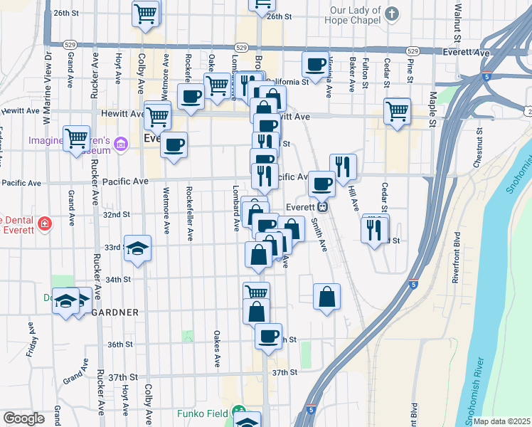 map of restaurants, bars, coffee shops, grocery stores, and more near 3224 McDougall Avenue in Everett