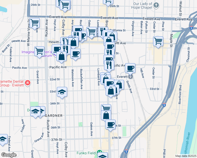 map of restaurants, bars, coffee shops, grocery stores, and more near in Everett