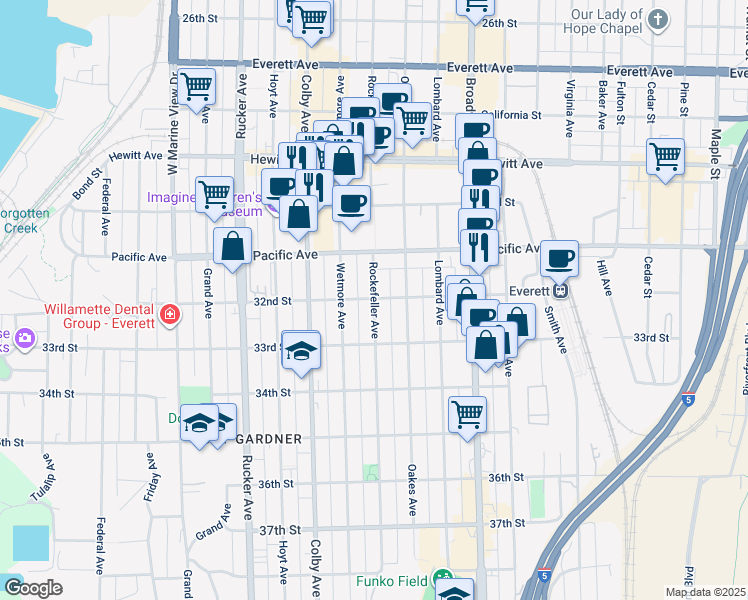 map of restaurants, bars, coffee shops, grocery stores, and more near 3217 Rockefeller Avenue in Everett
