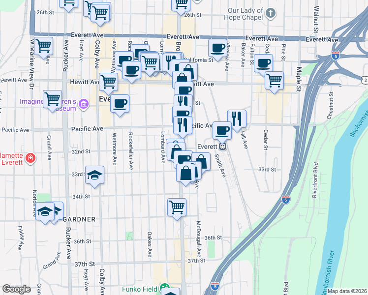 map of restaurants, bars, coffee shops, grocery stores, and more near in Everett