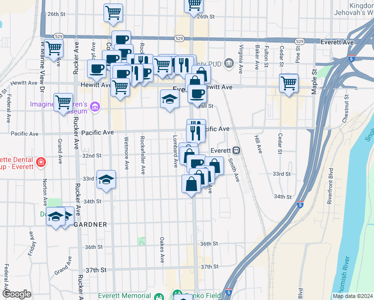 map of restaurants, bars, coffee shops, grocery stores, and more near 3118 Broadway in Everett