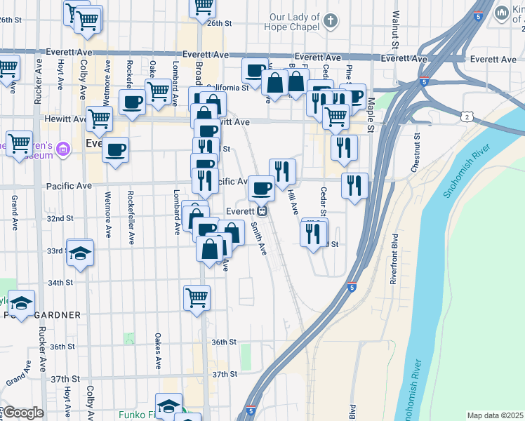 map of restaurants, bars, coffee shops, grocery stores, and more near in Everett