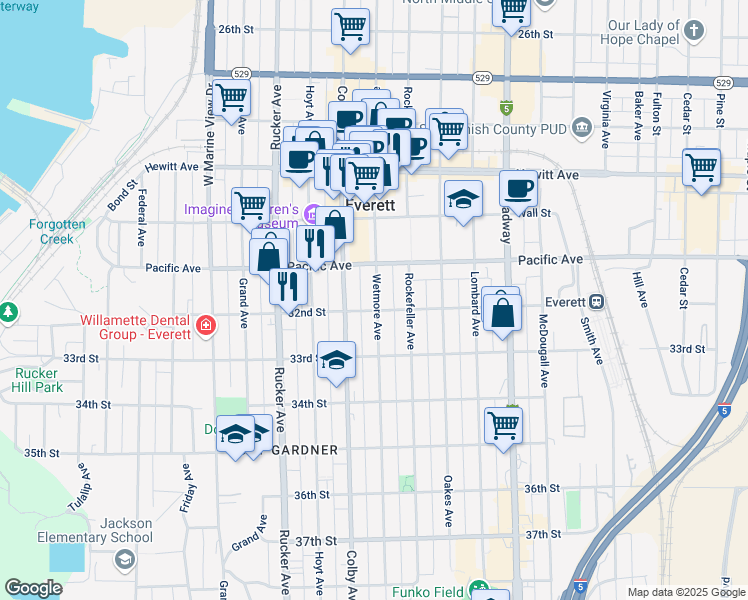map of restaurants, bars, coffee shops, grocery stores, and more near 3122 Wetmore Avenue in Everett