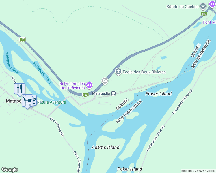 map of restaurants, bars, coffee shops, grocery stores, and more near 4 Boulevard Perron Est in Matapédia