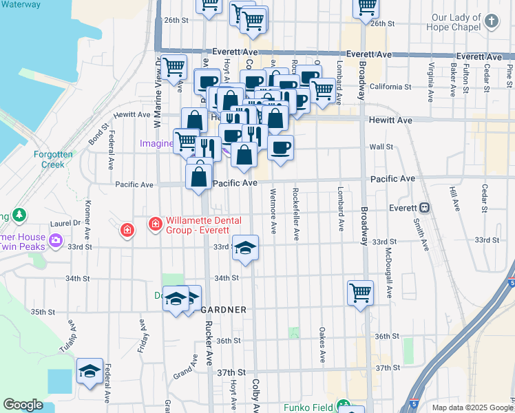map of restaurants, bars, coffee shops, grocery stores, and more near 3113 Colby Avenue in Everett