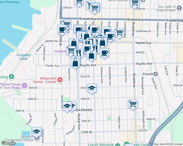 map of restaurants, bars, coffee shops, grocery stores, and more near 3111 Hoyt Avenue in Everett