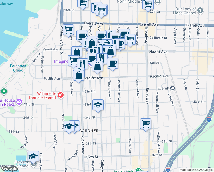 map of restaurants, bars, coffee shops, grocery stores, and more near 3113 Colby Avenue in Everett