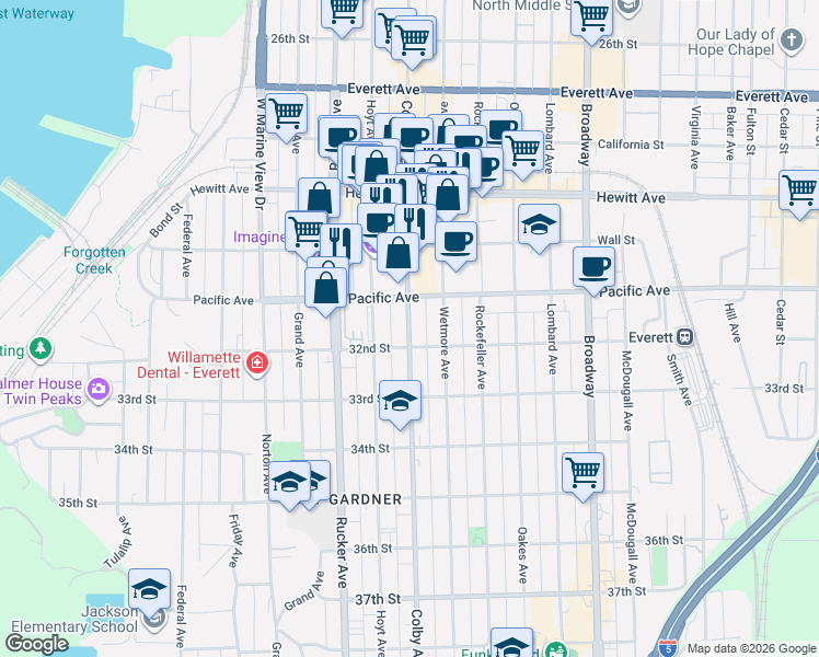 map of restaurants, bars, coffee shops, grocery stores, and more near 2000 Tower Street in Everett