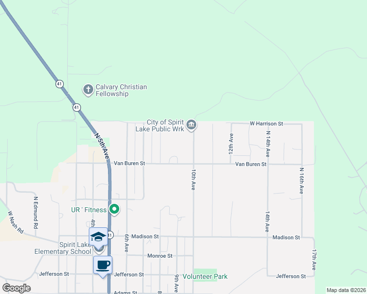 map of restaurants, bars, coffee shops, grocery stores, and more near 32955 10th Avenue in Spirit Lake