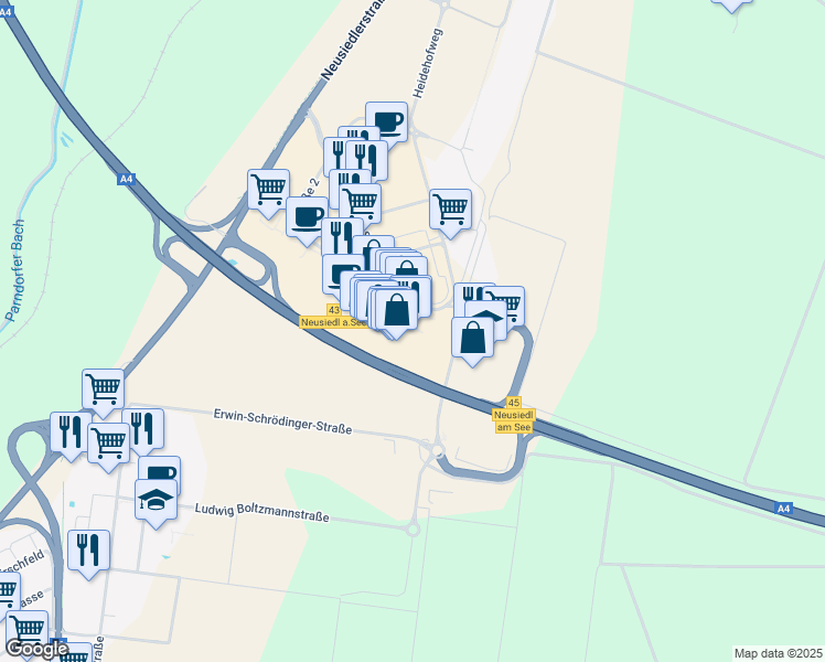 map of restaurants, bars, coffee shops, grocery stores, and more near 1 Designer-Outlet-Straße in Parndorf